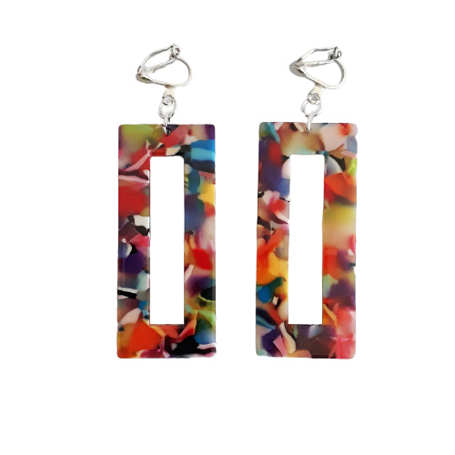 Boucles D'Oreilles Rétro Vintage Clips - Forme Rectangle Résine Colorée - Occasion Bon État